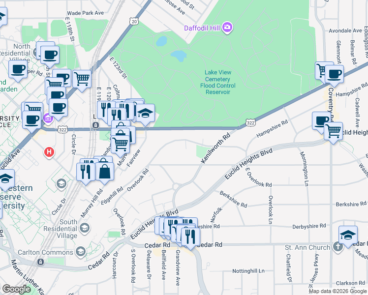 map of restaurants, bars, coffee shops, grocery stores, and more near 2450 Overlook Road in Cleveland Heights