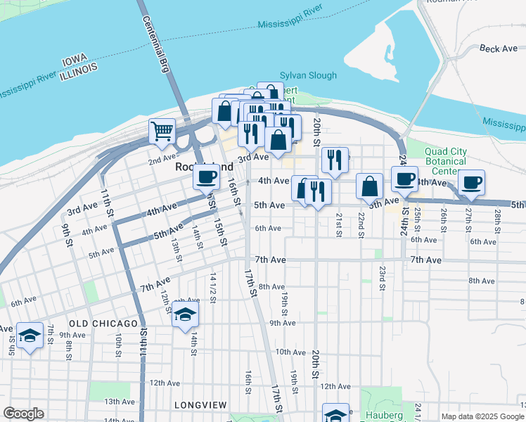 map of restaurants, bars, coffee shops, grocery stores, and more near 451 18th Street in Rock Island