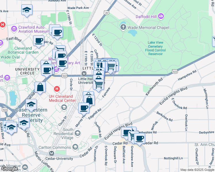 map of restaurants, bars, coffee shops, grocery stores, and more near 12408 Mayfield Road in Cleveland