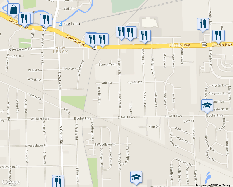 map of restaurants, bars, coffee shops, grocery stores, and more near 229 South Cooper Road in New Lenox