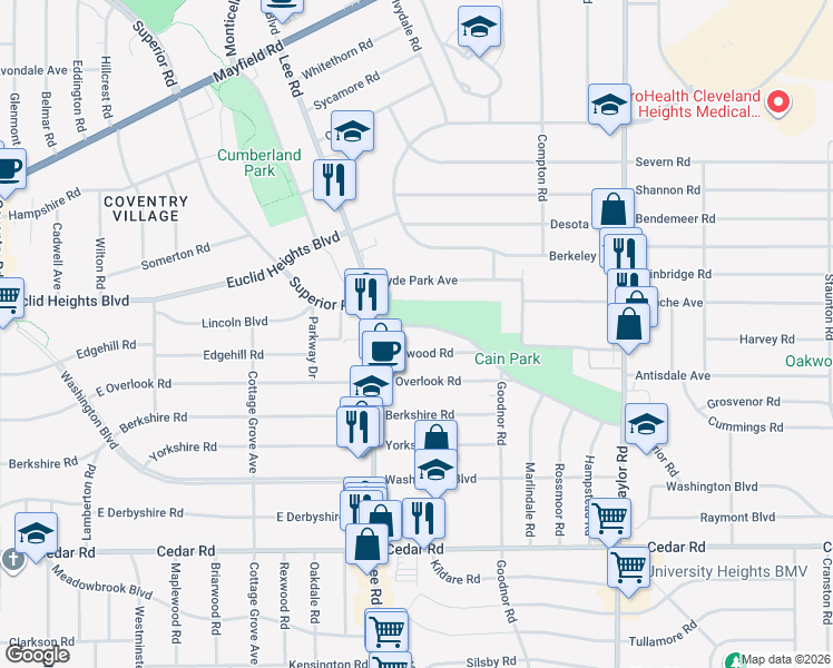 map of restaurants, bars, coffee shops, grocery stores, and more near 14522 Superior Road in Cleveland Heights