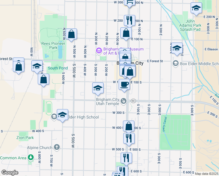 map of restaurants, bars, coffee shops, grocery stores, and more near 133 West 100 South in Brigham City