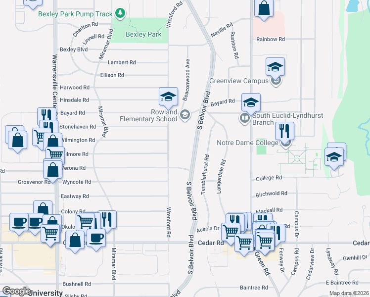 map of restaurants, bars, coffee shops, grocery stores, and more near 1900 South Belvoir Boulevard in South Euclid