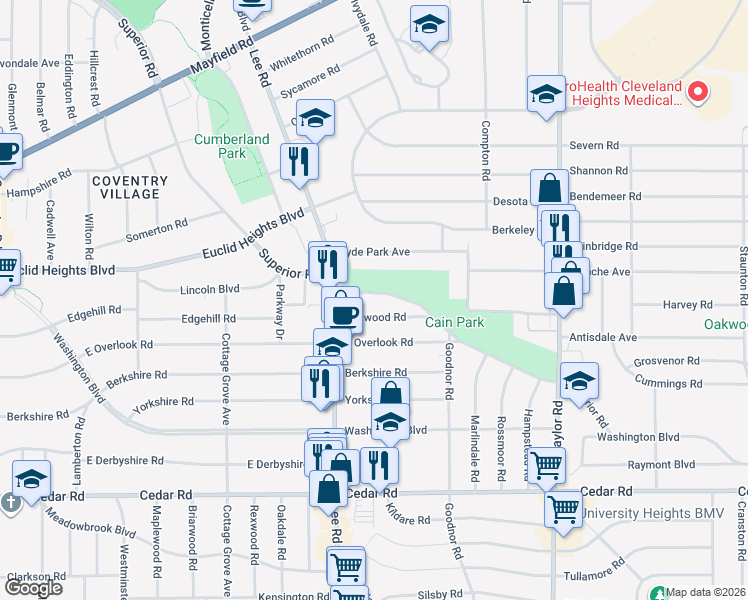 map of restaurants, bars, coffee shops, grocery stores, and more near 14522 Superior Road in Cleveland Heights