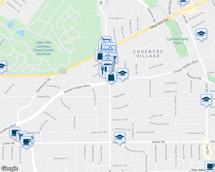 map of restaurants, bars, coffee shops, grocery stores, and more near 2767 Euclid Heights Boulevard in Cleveland Heights