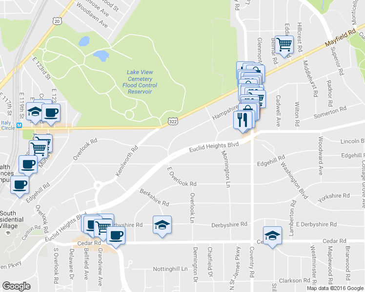 map of restaurants, bars, coffee shops, grocery stores, and more near 2614 Hampshire Road in Cleveland Heights