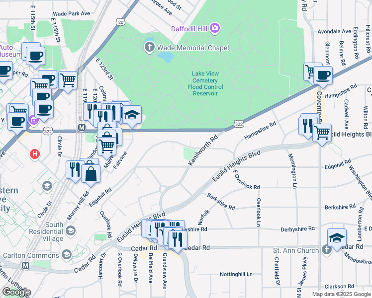 map of restaurants, bars, coffee shops, grocery stores, and more near 2501 Overlook Road in Cleveland Heights