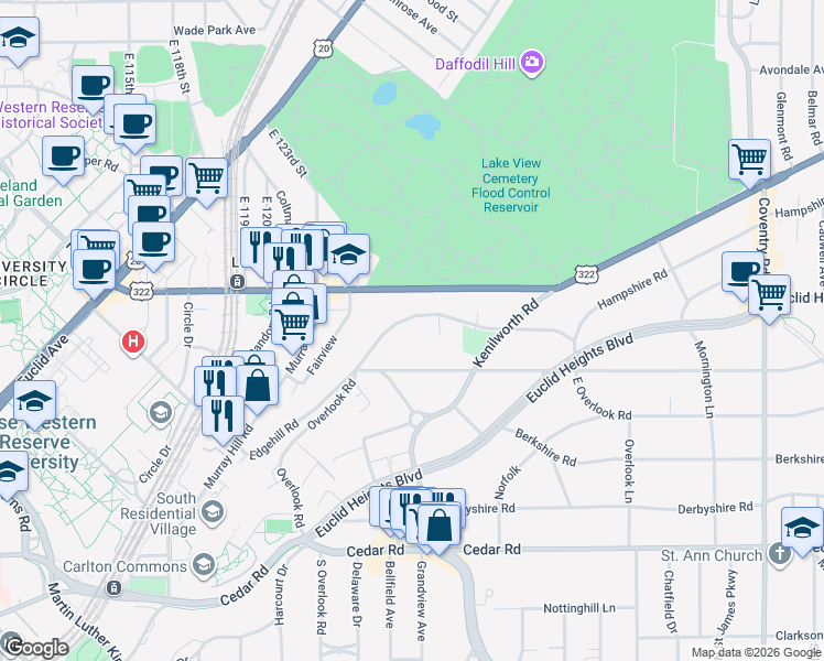 map of restaurants, bars, coffee shops, grocery stores, and more near 2417 Overlook Road in Cleveland Heights