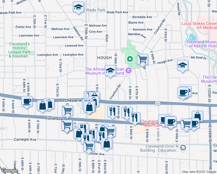 map of restaurants, bars, coffee shops, grocery stores, and more near 8200 Brookline Avenue in Cleveland