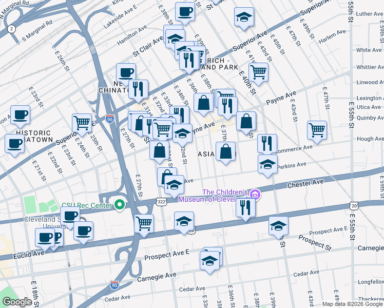 map of restaurants, bars, coffee shops, grocery stores, and more near 1743 East 33rd Street in Cleveland