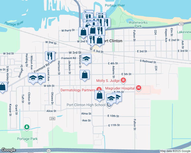 map of restaurants, bars, coffee shops, grocery stores, and more near 424 Madison Street in Port Clinton