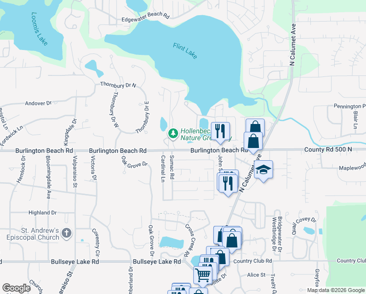 map of restaurants, bars, coffee shops, grocery stores, and more near 4700-4710 Lowenstines Ln in Valparaiso