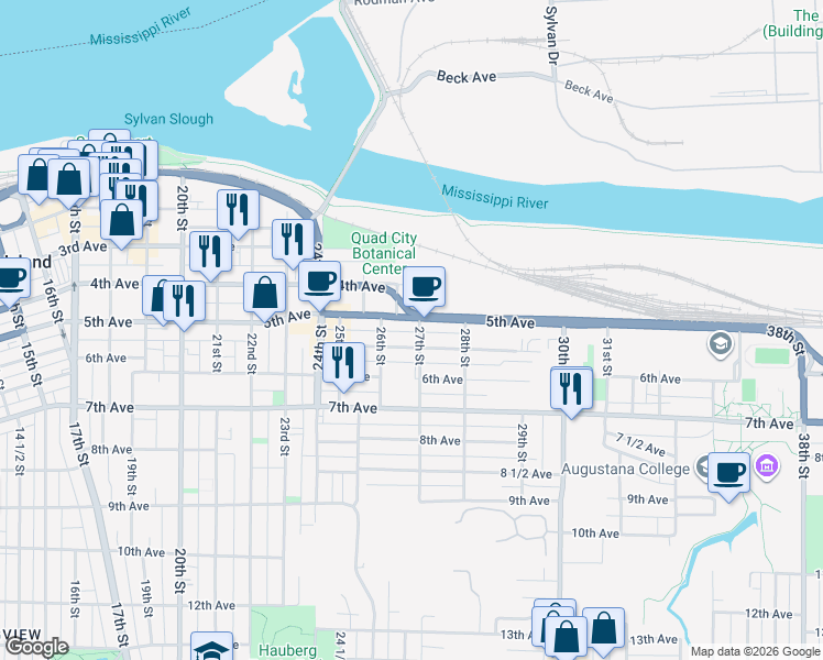 map of restaurants, bars, coffee shops, grocery stores, and more near 2613 4th Avenue in Rock Island