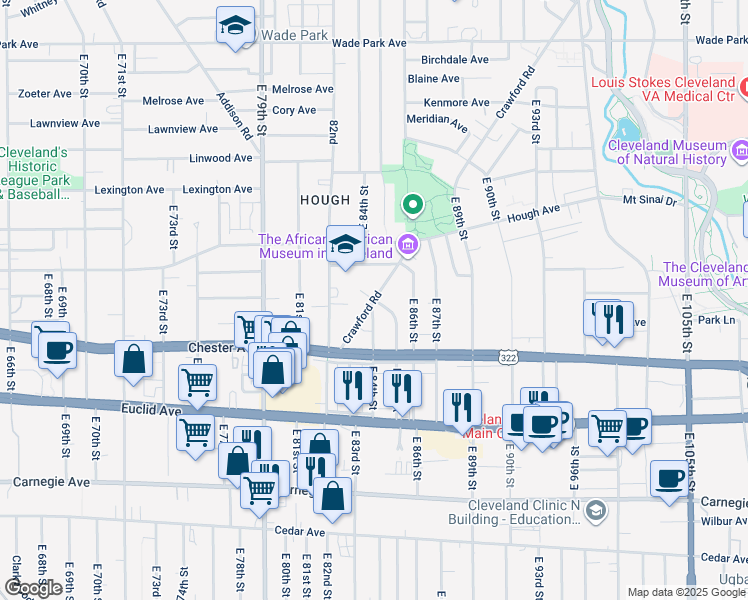 map of restaurants, bars, coffee shops, grocery stores, and more near East 85th Street in Cleveland