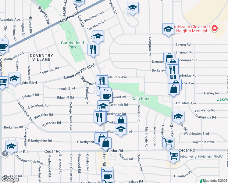 map of restaurants, bars, coffee shops, grocery stores, and more near 14522 Superior Road in Cleveland Heights