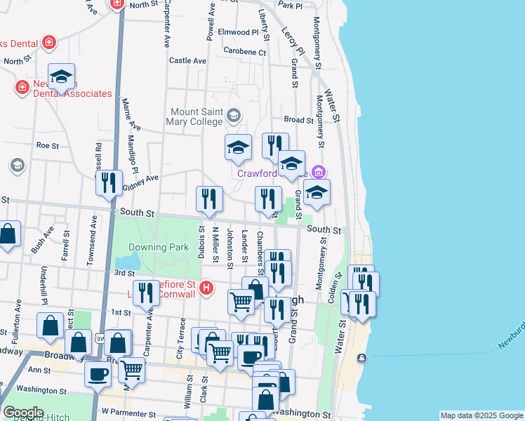map of restaurants, bars, coffee shops, grocery stores, and more near 190 Chambers Street in Newburgh