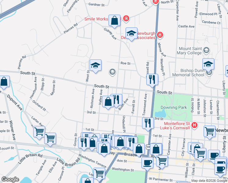 map of restaurants, bars, coffee shops, grocery stores, and more near 421 South Street in Newburgh