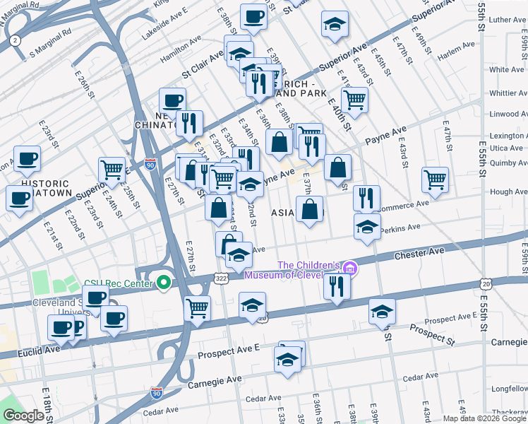 map of restaurants, bars, coffee shops, grocery stores, and more near 1743 East 33rd Street in Cleveland