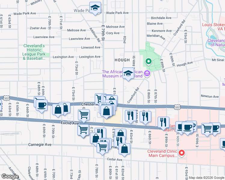 map of restaurants, bars, coffee shops, grocery stores, and more near 1862 East 81st Street in Cleveland