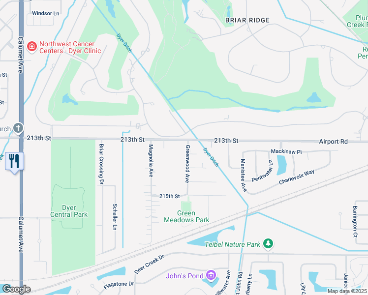 map of restaurants, bars, coffee shops, grocery stores, and more near 1300-1398 East 213th Street in Dyer