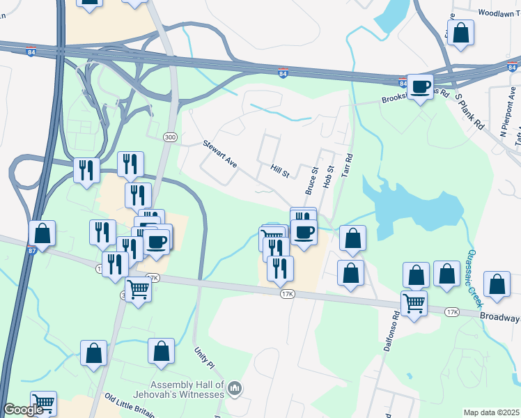 map of restaurants, bars, coffee shops, grocery stores, and more near 60B Stewart Avenue in Newburgh