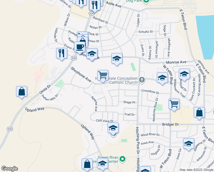 map of restaurants, bars, coffee shops, grocery stores, and more near 220 Shoshone Avenue in Green River