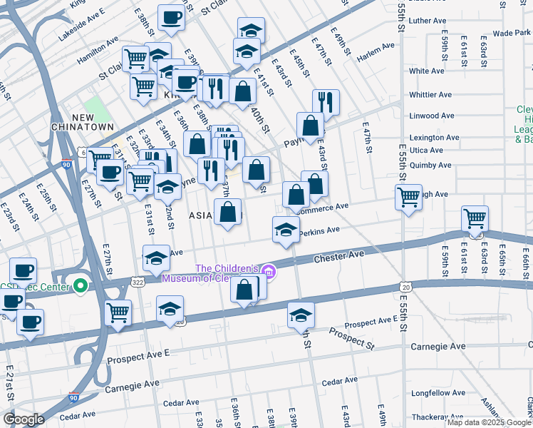 map of restaurants, bars, coffee shops, grocery stores, and more near 3841 Perkins Avenue in Cleveland