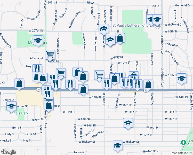 map of restaurants, bars, coffee shops, grocery stores, and more near 31 Olympic Village in Chicago Heights