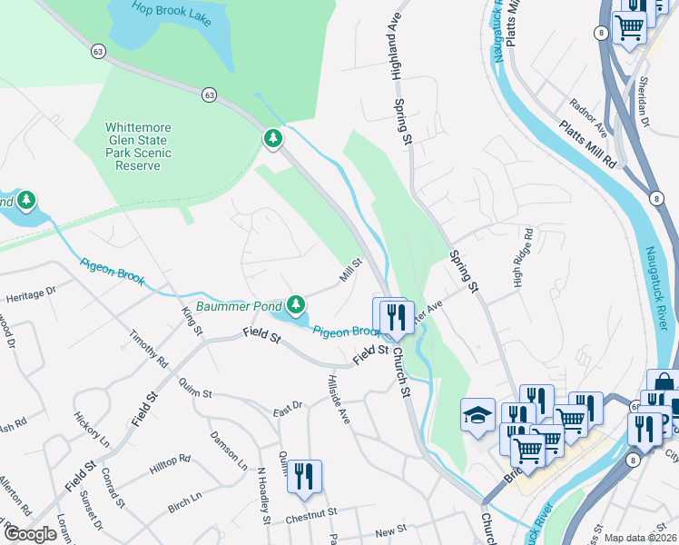 map of restaurants, bars, coffee shops, grocery stores, and more near 53 Mill Street in Naugatuck