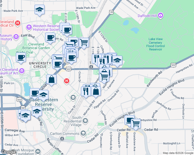 map of restaurants, bars, coffee shops, grocery stores, and more near Mayfield Road in Cleveland
