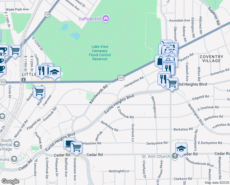 map of restaurants, bars, coffee shops, grocery stores, and more near 2577 Overlook Road in Cleveland Heights