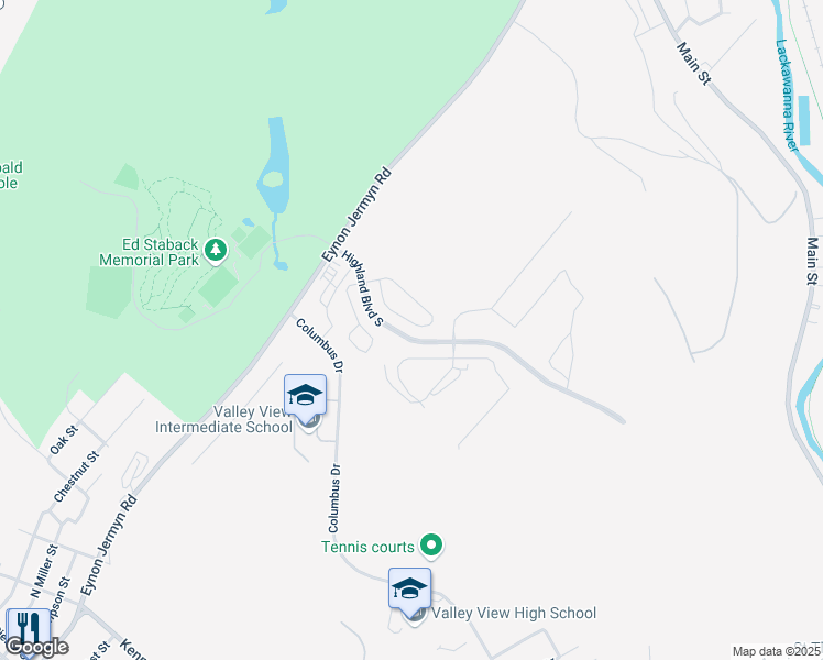 map of restaurants, bars, coffee shops, grocery stores, and more near 410 Foxtail Circle in Archbald