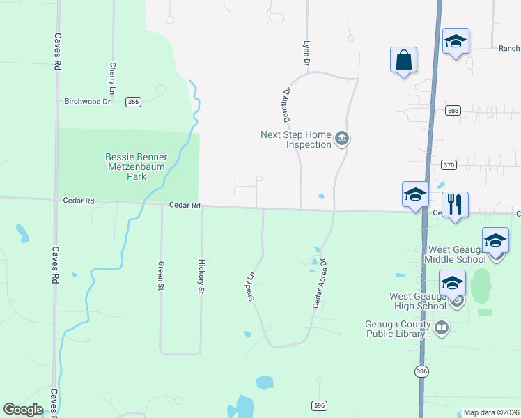 map of restaurants, bars, coffee shops, grocery stores, and more near 8200 Cedar Road in Chesterland