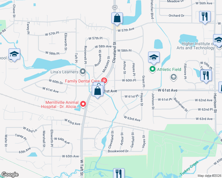 map of restaurants, bars, coffee shops, grocery stores, and more near 6057 Cleveland Circle in Merrillville