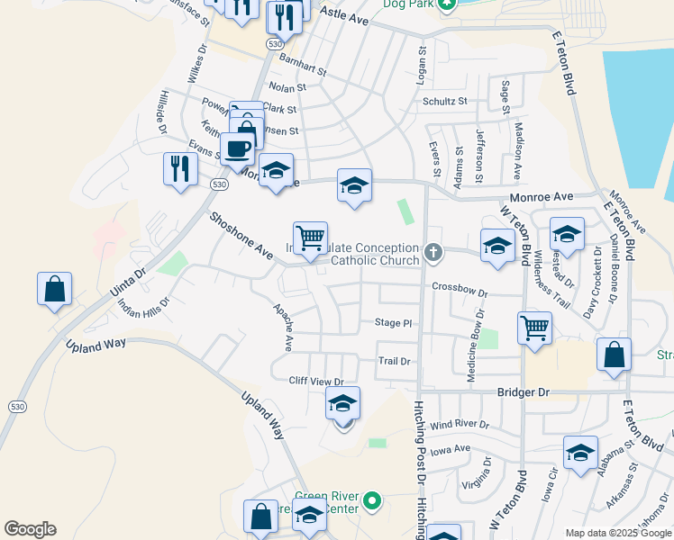 map of restaurants, bars, coffee shops, grocery stores, and more near 220 Shoshone Avenue in Green River