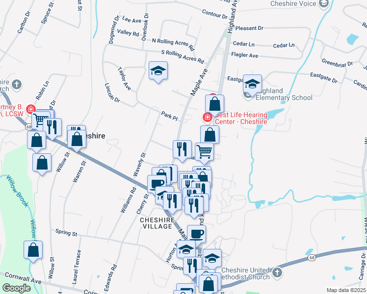 map of restaurants, bars, coffee shops, grocery stores, and more near 341 Maple Avenue in Cheshire