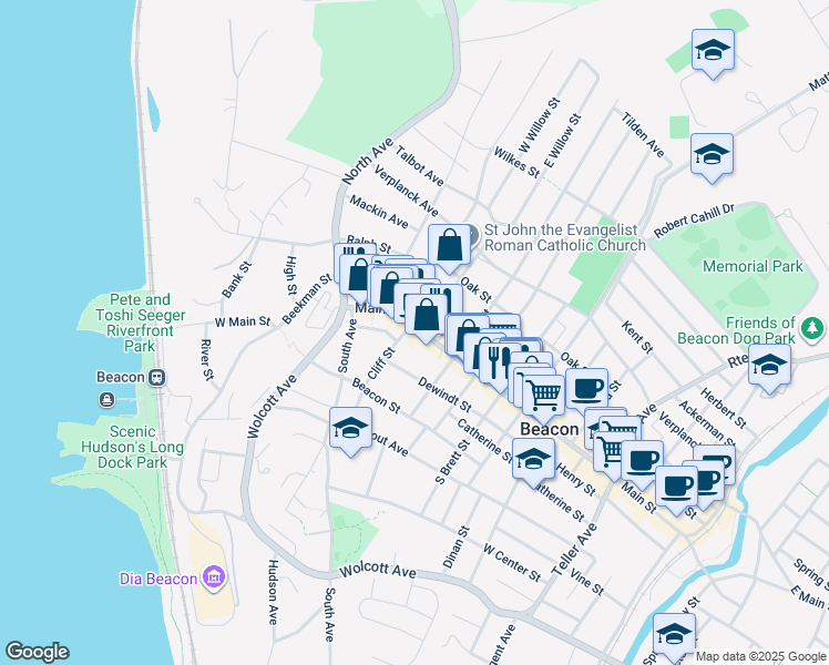 map of restaurants, bars, coffee shops, grocery stores, and more near 171 Main Street in Beacon