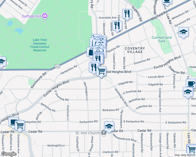 map of restaurants, bars, coffee shops, grocery stores, and more near 2767 Euclid Heights Boulevard in Cleveland Heights