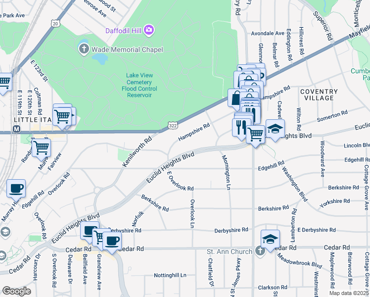 map of restaurants, bars, coffee shops, grocery stores, and more near 2614 Hampshire Road in Cleveland Heights