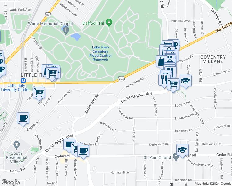 map of restaurants, bars, coffee shops, grocery stores, and more near 2577 Overlook Road in Cleveland Heights