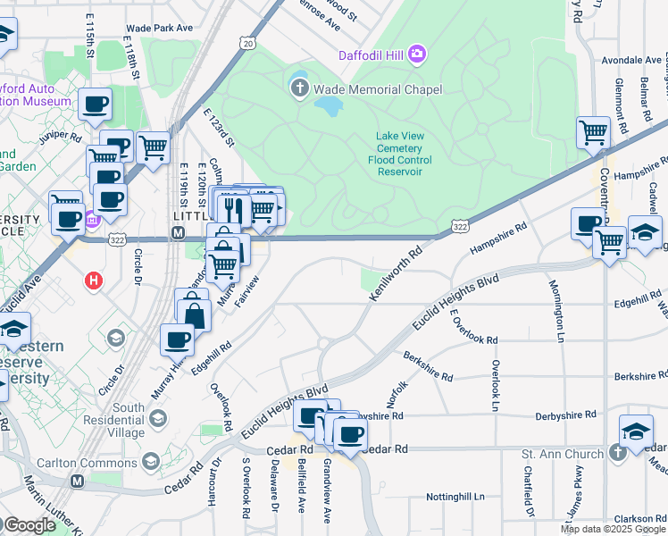 map of restaurants, bars, coffee shops, grocery stores, and more near 2463 Overlook Road in Cleveland Heights