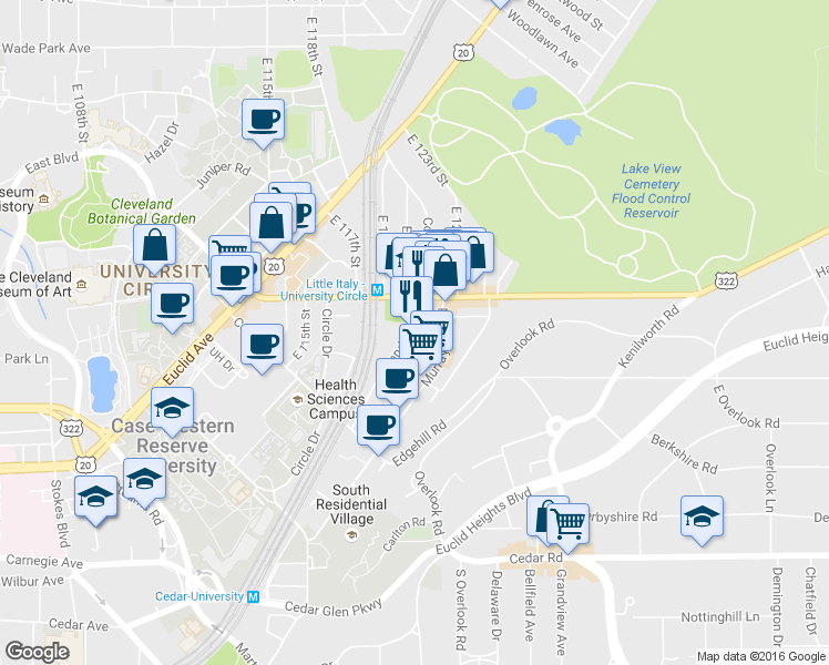 map of restaurants, bars, coffee shops, grocery stores, and more near 2025 Random Road in Cleveland