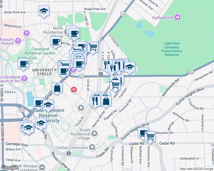map of restaurants, bars, coffee shops, grocery stores, and more near Mayfield Road in Cleveland