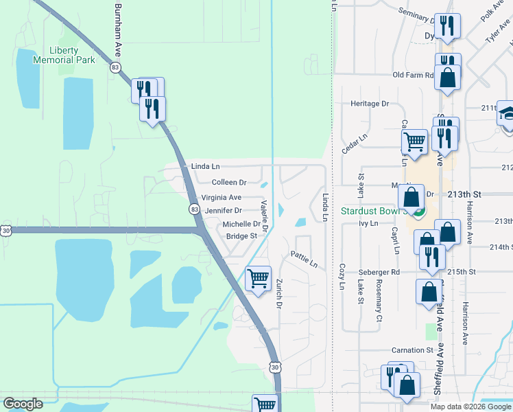 map of restaurants, bars, coffee shops, grocery stores, and more near 588 Virginia Avenue in Chicago Heights