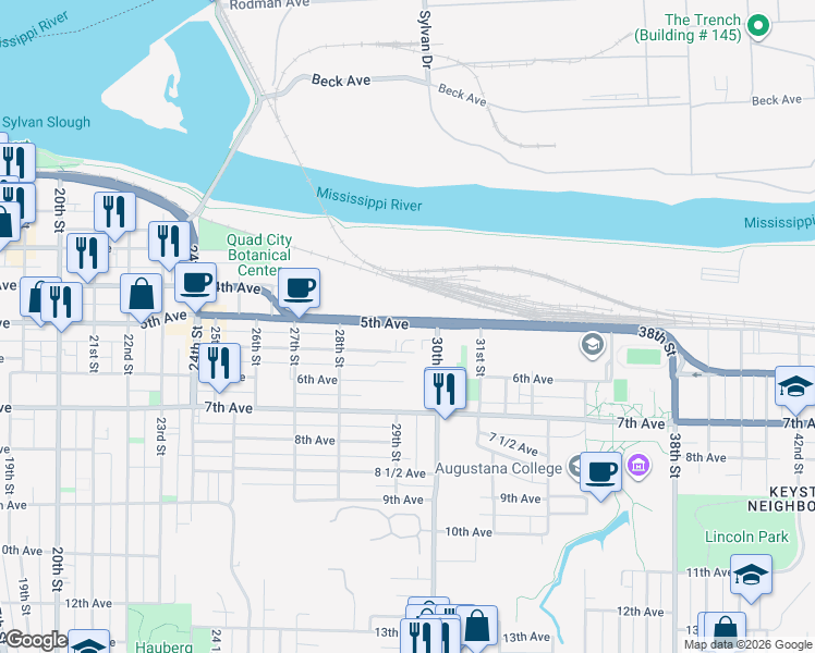 map of restaurants, bars, coffee shops, grocery stores, and more near 2940 5th Avenue in Rock Island