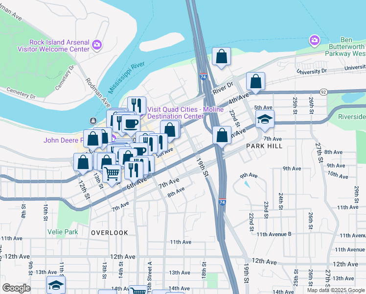 map of restaurants, bars, coffee shops, grocery stores, and more near 1810 5th Avenue in Moline