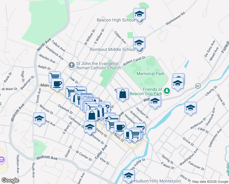 map of restaurants, bars, coffee shops, grocery stores, and more near 71 Kent Street in Beacon