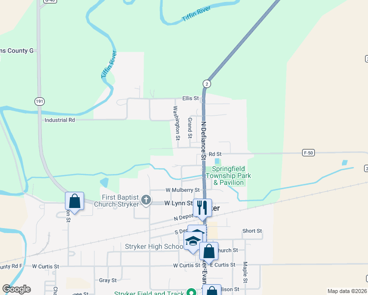 map of restaurants, bars, coffee shops, grocery stores, and more near 401 Grand Street in Stryker