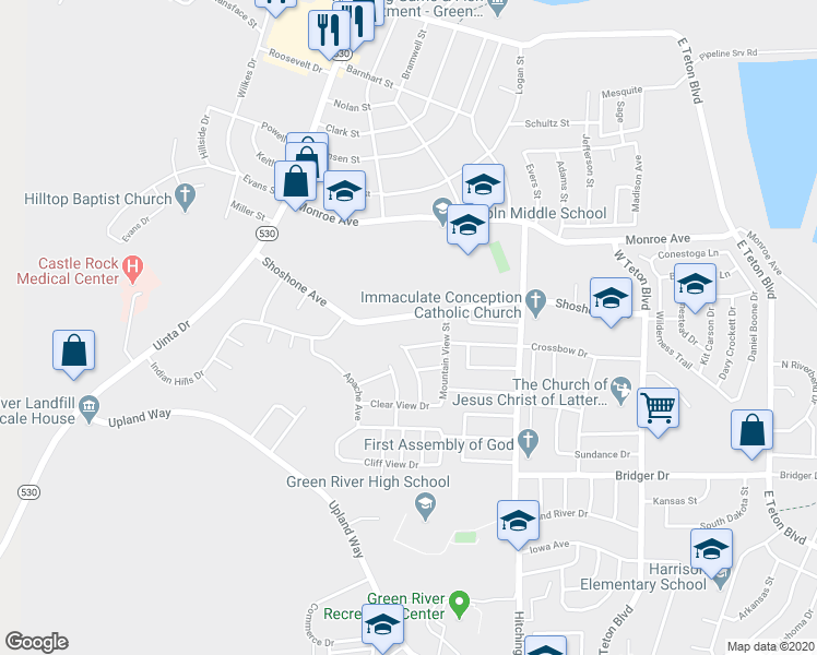 map of restaurants, bars, coffee shops, grocery stores, and more near 230 Shoshone Avenue in Green River