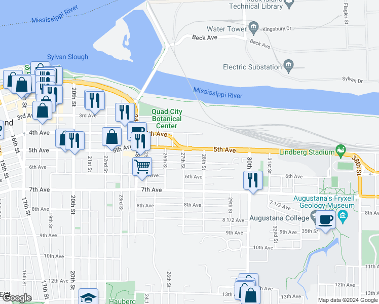 map of restaurants, bars, coffee shops, grocery stores, and more near 2710 5th Avenue in Rock Island